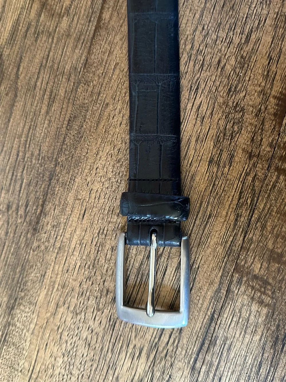 Black Croc-Embossed Leather Belt with Silver Buckle